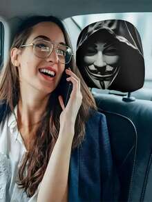 1/2 piezas Funda para reposacabezas de coche con máscara de hacker con diseño impreso en blanco y negro con forma de V, sin relleno para facilitar la limpieza, actualización del interior del vehículo, apta para todos los vehículos, perfecta para el trayecto diario, viajes largos, decoración de Halloween y Navidad - Multicolor - Ver 9