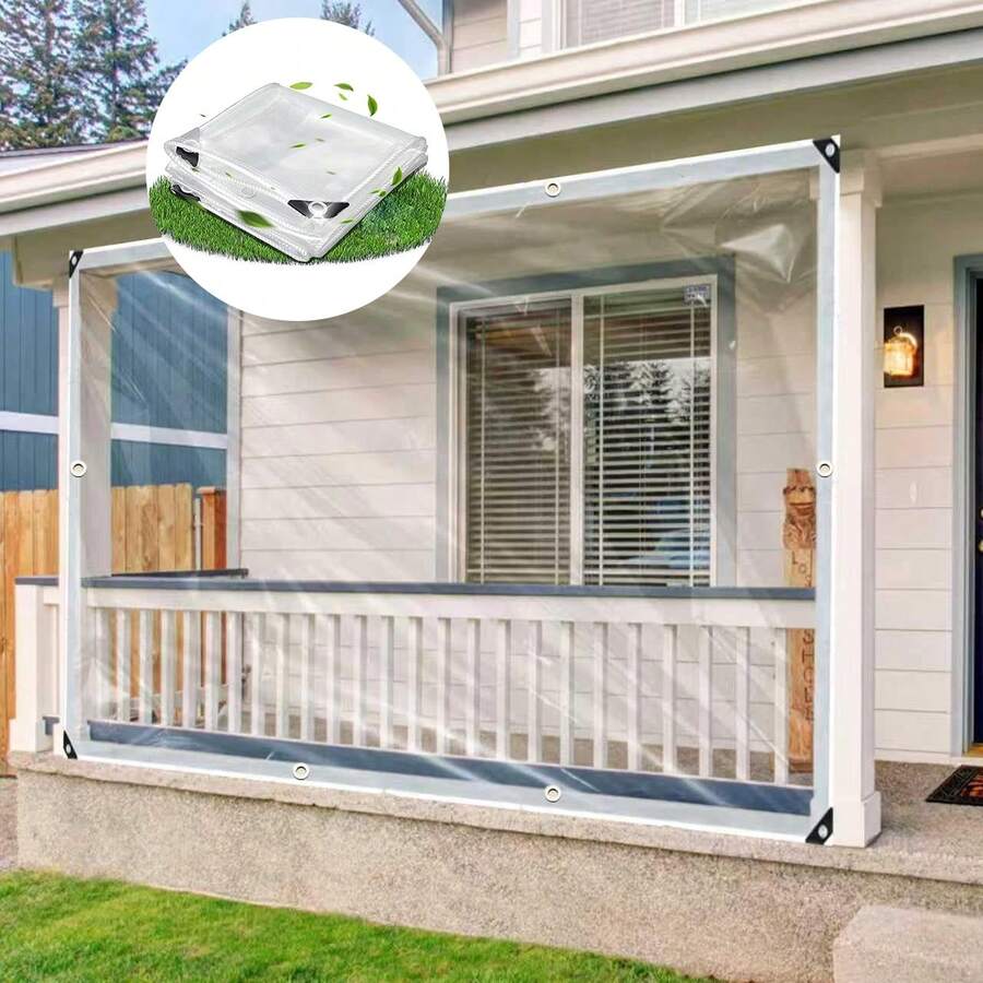 透明篷布，带扣眼和加固边缘，高强度透明防撕裂PVC乙烯基篷布，适用于植物温室、露台、阳台、花园等户外场所。