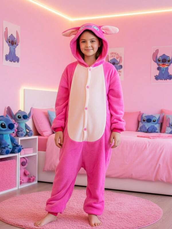 Lilo & Stitch Kigurumi Kinder Alien Kostüm mit Kapuze und Reißverschluss für Jungen und Mädchen, Geschenk