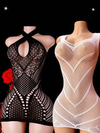 2-delat set med ihålig klänning för kvinnor, fisknät, sexig underkläder för romantisk natt
