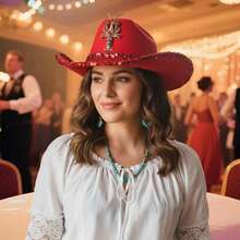 Western Style Cowgirl Cap Stylish Sequin Lobster Decorated Wide Brimmed Hat For Men Women Outdoor Wear Suitable For Home Indoor Holiday Decoration, School Party Activities, And Must Choose Christmas And New Year Gifts - 紅色 - 查看 1