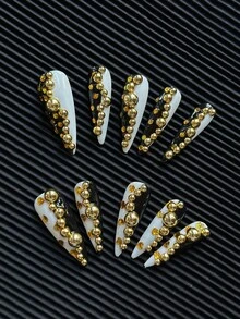 10pcs/Pack Pointed Nail Tips, Handmade Nail Stickers, Multi-Color Nail Tips With Golden Pearl Decor, Hand-Painted Creative Patterns, Classic Luxury Contrast Color Design, 3D Stereoscopic Shape - Full Coverage Artificial Handmade DIY Shiny Nail Stickers, Suitable For Party, Outdoor, Beach, Daily, Holiday, Gathering, Work And Special Occasions - Multicolor - View 3