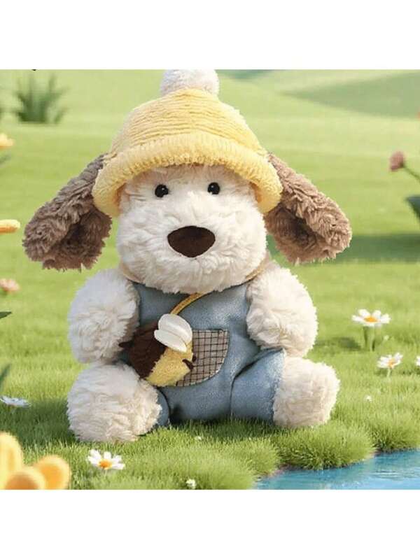 1pc Adorable Costumed Maltese Dog Plushie - Cuddly White & Tan Dog With Yellow Knit Hat, Soft Polyester Stuffed Animal, Perfect Home Decoration & Gift For Seasonal Joy, Cozy Home Accent