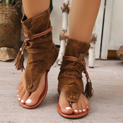 Women's Brown Boots 2024 New Retro Round Toe Tube Boots Fashionable And Versatile Thong Tassel Roman High Top Shoes