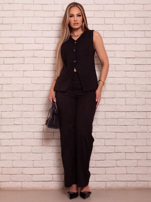 Conjunto Feminino Colete Sem Manga com Botões em Linho Misto  Elegante e Calça Sem Cos Cintura Alta Linho Misto REF: Virginia