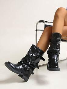 Women's Black Fashion Boots, New Buckle Strap Niche European And American Style Thick Heel Platform Comfortable Western Slouch Boots, Wrinkle Design, Retro Motorcycle Boots, Slim Fit, Autumn/Winter, Brown - Black - View 4