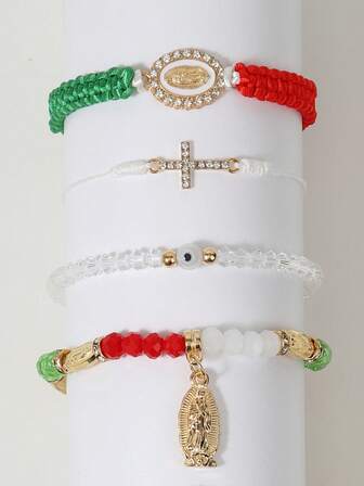 4-Piece/Set Fashion Mexico Series Cross Virgin Mary Bracelet With Card, Red, White, Green,Blue Woven Bracelet Adjustable Women's Bracelet