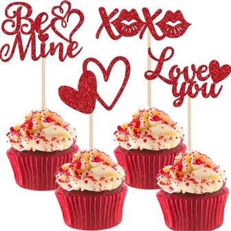 12 piezas Decoraciones para cupcakes del Día de San Valentín con corazones brillantes "Ser Mío" XOXO "Te Amo" Palillos para cupcakes con tema de San Valentín para decoración de bodas, despedida de soltera, fiesta de cumpleaños y pasteles, color rojo