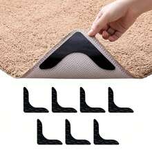 Conjunto de 8 adesivos antiderrapantes reutilizáveis para carpetes, pisos de madeira, pisos cerâmicos e capachos. Mantém o carpete firme no lugar e garante que os cantos fiquem planos.