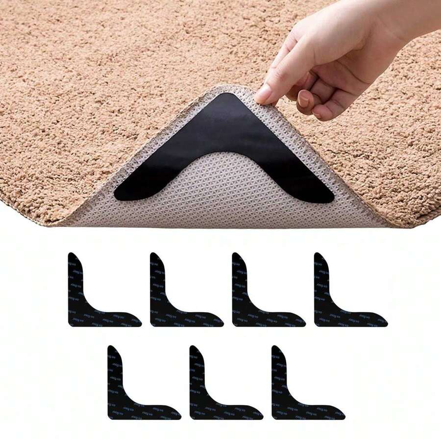 Conjunto de 8 adesivos antiderrapantes reutilizáveis para carpetes, pisos de madeira, pisos cerâmicos e capachos. Mantém o carpete firme no lugar e garante que os cantos fiquem planos.