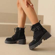 Retro Thick Sole Square Heel Petite Booties, Casual Versatile Short Ankle Boots, Lace-Up Buckle Decor, Fashionable Boots For Autumn/Winter 2025 - Black - View 13