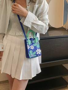 lulu kewen 时尚花卉图案女士斜挎包，女士钩编包，女士小型手机包，休闲购物女士单肩包，可爱花卉女士手提包，适合青少年、女性、女孩、学生、上班族女性，可装手机、钥匙、钱包等。 - 藍色 - 查看 6