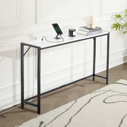 Marble Console Table, Modern Narrow Long Console Table With Power Outlet, Thin Sofa Side Table With Iron Tubes, Anti-Tip Device And Triangular Support For Living Room, Hallway, Entryway, Foyer