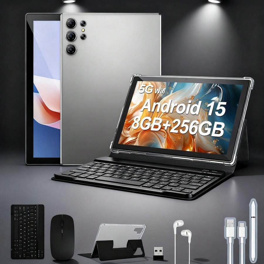 W&O 2025 New 10.1-Inch Tablet PC, Android 15 Operating System, 2-In-1 Tablet With Keyboard, Mouse, Protective Case, Stylus, 256GB ROM + 8GB RAM, Supports 1TB Memory Card Expansion, 5+16MP Camera, Octa-Core Processor, 8000Mah Battery, 1280*800 IPS HD Display, Tab, Wi-Fi 6, Tablet, Tablet, Pad - 灰色 - 查看 1