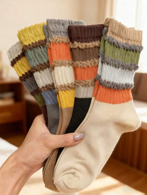 5 Pairs Women's Autumn/Winter Colorblock Striped Mid-Calf Socks, Ruffle Cuff Crew Socks, Suitable For College Girls, Versatile With Short Boots