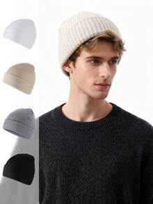 1 pieza Gorro de punto de unicolor, gorro de lana grueso y resistente al viento para ciclismo en otoño e invierno, de moda y versátil, adecuado para el uso diario de hombres y mujeres