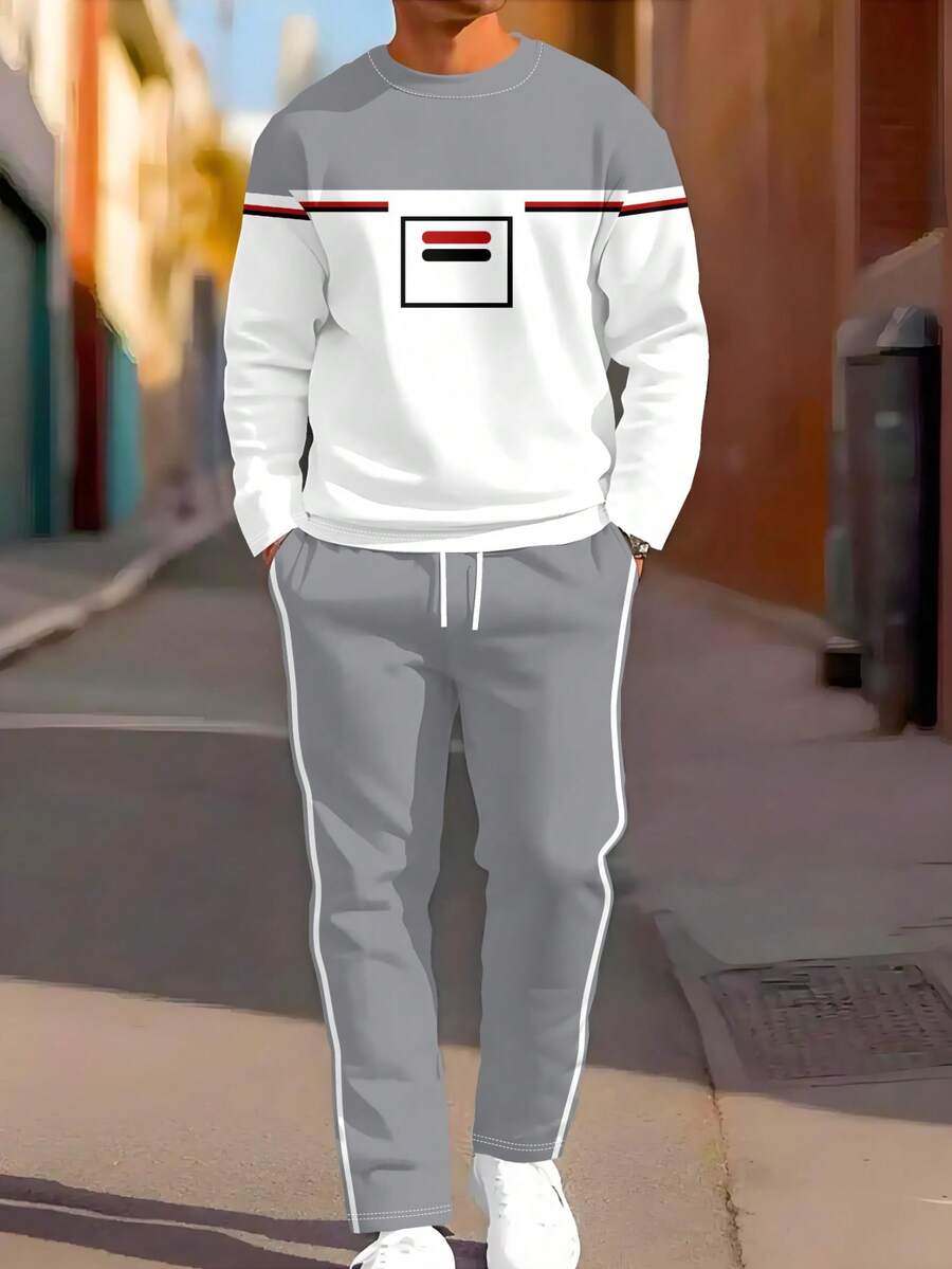 男士两件套运动服，时尚休闲条纹印花卫衣和长裤套装，适合户外运动。 - 灰色 - 查看 1