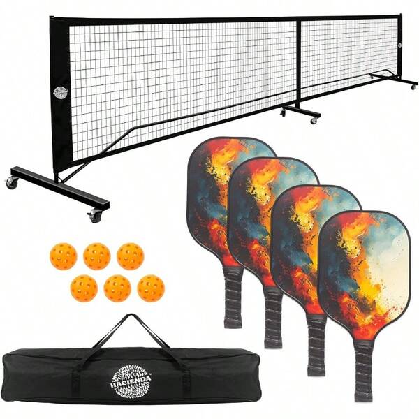 Hacienda Pickleball Set Includes 4 Fiberglass Paddles 6 Balls Portable Net And Carry Bag Durable And Lightweight Ideal For Indoor And Outdoor Play