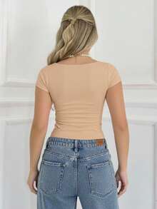 Set Of 3 Women's Baby Look Blouses With Square Neckline, Short Sleeves, Basic Shaping, Versatile, Casual Fashion, No Transparency, Fabric With Elastane, , Blogger Style, Affordable - BEIGE-ĐEN-TRẮNG - Xem 3