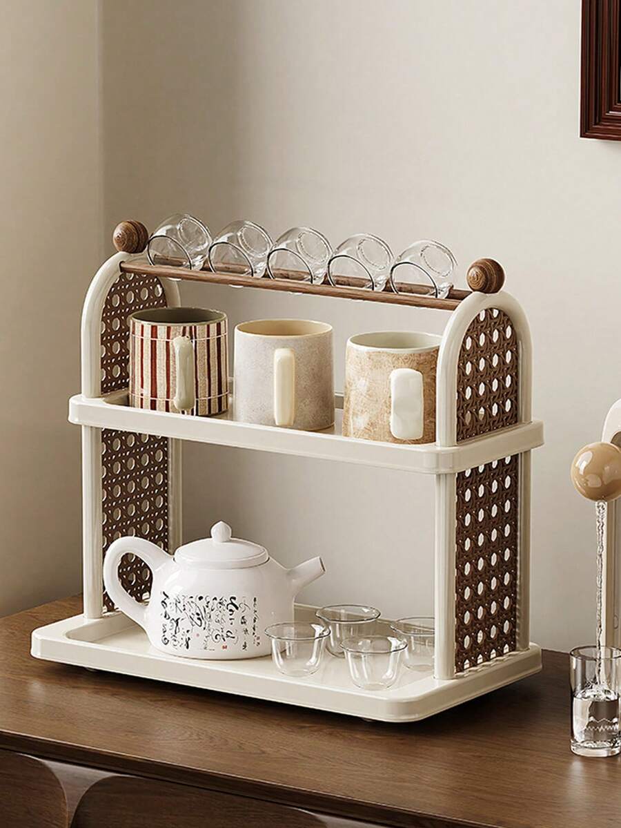 White Double-Layer Antique-Style Cup And Tea Rack, Suitable For Bedroom Cosmetics Storage Rack, Desktop Storage Rack, Kitchen Cup Holder, Water Cup And Tea Cup Holder, Kitchen Cup Storage Rack, Cup Holder, Drain Rack, Coffee Rack. - 白色 - 查看 1