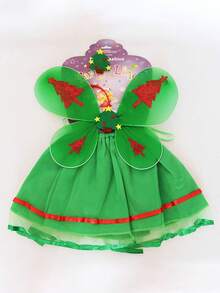 Girls Christmas Fairy Costume Include Glitter Tree Print Butterfly Wings Skirt Headband Set Cosplay Outfits - Green - View 4