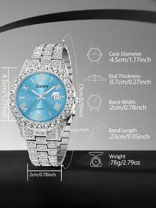1 chiếc đồng hồ đeo tay nữ Gaiety, dây đeo hợp kim pha lê, mặt số La Mã màu xanh lam sang trọng, lịch, máy thạch anh, thích hợp để đeo hàng ngày hoặc làm quà tặng ngày lễ. - Bạc - Xem 4