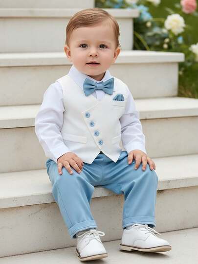 BOARNSEORL Conjunto de 3 piezas de ropa de caballero para bebé niño - Camisa blanca con moño, chaleco y pantalones, de moda y elegante para fiesta de cumpleaños, boda, bautizo, aniversario