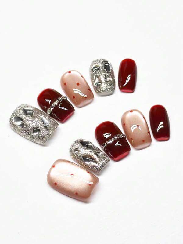 10 pièces/set Ensemble de protection rectangulaire avec pois rouges et cristaux en forme d'œil de chat, tous inclus. Ensemble de protection double face réutilisable en 4 tailles au choix, convenant aux filles/actrices, représentations sur scène, festivals, fêtes, mariages, port quotidien. Cadeau préféré, extrêmement mignon