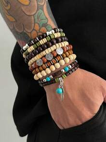 2/5/6/7/9pcs Bohemian Style Starfish Shell Wood Bead Bracelets, Multi-Layer Elastic Bracelets, Summer Beach Accessories - Color Mixing - View 8