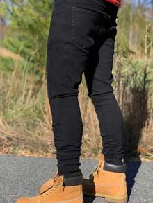 1pc Men's Black Slim Fit Stacked Jeans, Comfortable Casual Street Wear Distressed Denim Pants, Suitable Gift For Husband Or Boyfriend - 黑色常規(L30) - 查看 3