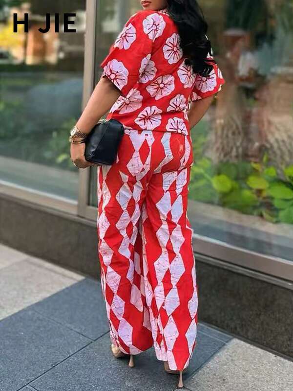 Women's Red Short Sleeve V Neck Floral And Geometric Print Top With Matching Wide Leg Pants Boho Casual Two Pieces Set