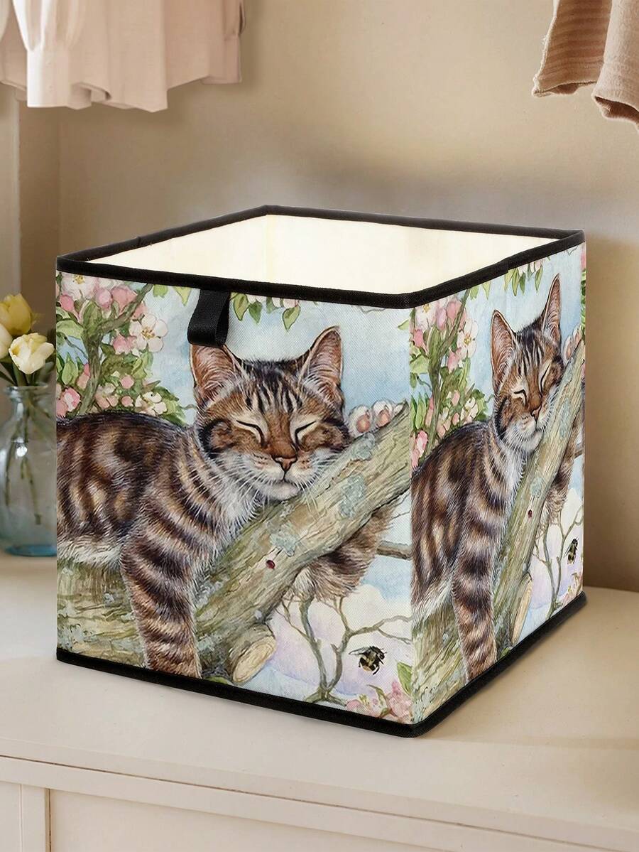 1pc Cartoon Cat Print Open Storage Box, Stackable Organizer Drawer, Durable Multi-Purpose Design Saves Space For Home, Dorm, Household Organization, Under Bed Storage - Multicolor - View 1