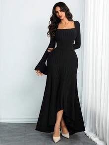 女士性感优雅法式复古青春时尚花瓣袖不规则弹力毛绒大裙摆连衣裙，适合通勤或假日派对穿着，黑色，春季款 - 黑色 - 查看 4