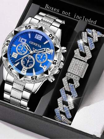 2Pcs Men's Silver Strap Fashionable Casual Business Digital Scale Large Dial Quartz Watch Bracelet Combination Set Suitable For Daily Wear Decoration Or Holiday Gift Giving