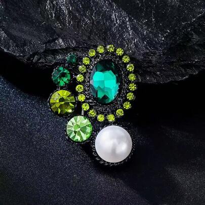 1pc Vintage Design Pearl & Green Crystal Fashion Elegant Brooch, High-End Personalized Suit Lapel Pin Accessory