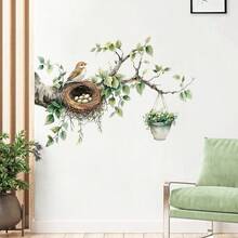 1/2pcs Bird's Nest And Branches Wall Sticker, Removable Self-Adhesive Spring Green Leaves Birds Vinyl Sticker For Living Room Bedroom Kitchen Playroom Nursery - Multicolor - View 4