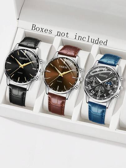 3Pcs Men's PU Leather Strap Fashion Business Mixed Scale Quartz Watch Set Suitable For Daily Wear Decoration Or Holiday Gifts