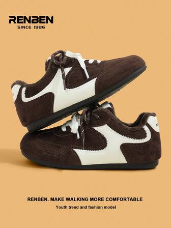 RENBEN 1双女士系带运动鞋，隐形鞋跟，保暖内衬，厚底，保暖学生运动鞋，2025秋冬新款