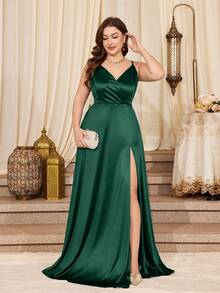 Abito formale vintage anni '50 con scollo a V e spacco sulla coscia, taglie comode - Verde Scuro - Visualizzare 5