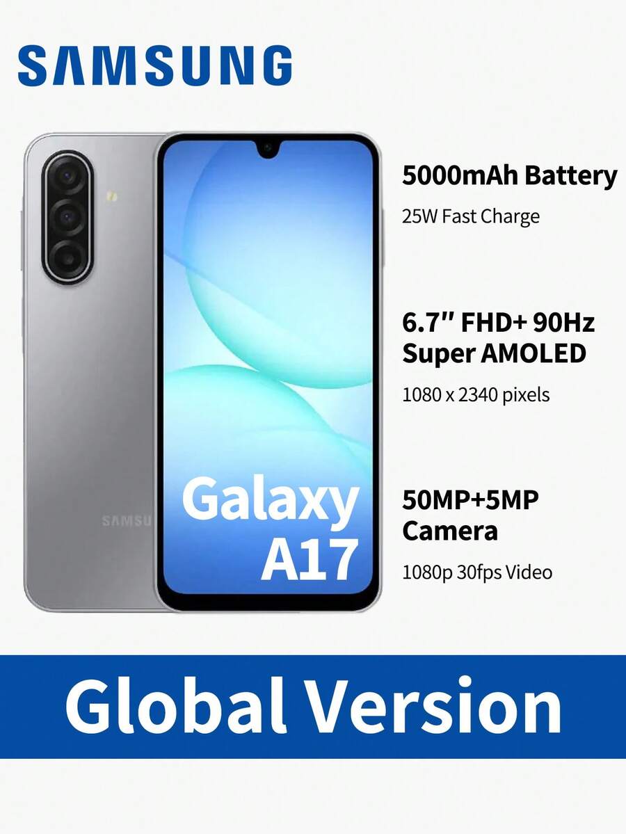 Samsung Galaxy A17 智慧型手機,6.7 吋 Super AMOLED 螢幕,50MP 三鏡頭相機,2TB 可擴充儲存空間,雙卡雙待,90Hz 更新率,黑色/灰色/藍色,快速充電,Android 15 作業系統,AI 助手,IP54 防水 - 灰色 - 查看 1