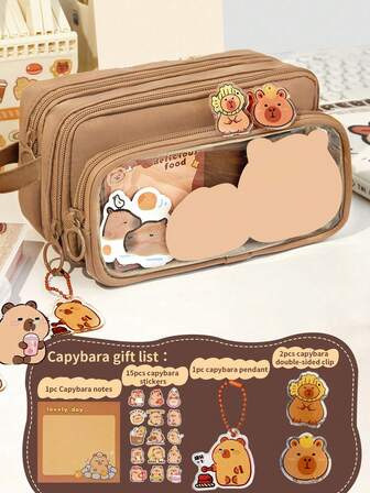 1pc Upgrade Large Capacity Portable Clamshell Detachable Transparent Capybara Stationery Pen Bag, Can Be Used To Store A Series Of Desktop Student Stationery Bag Such As Ruler Pen Rubber, Multi-Functional Dormitory Cosmetics Storage Bag, Campus Series Classroom Student Office Stationery Pencil Box, (It Comes With 1 Notepad, 15 Stickers, 1 Pendant And 2 Double-Sided Clips.)