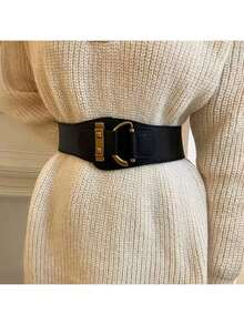 Vintage Style Faux Leather Belt, Rivet Buckle Design, Elastic Wide Waistband, Suitable For Dresses, Jackets And Suits, Lightweight And Comfortable, Non-Textile Material, Suitable For Mature Occasions, One Size Fits All - Wide C Buckle - View 18