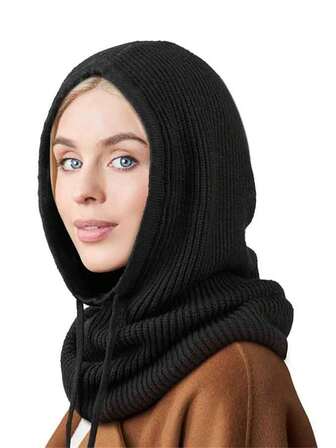 1件装女士冬季拉法帽，针织帽，带可调节抽绳，保暖连帽围巾头巾