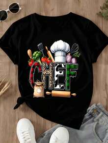 Chef Cooking Kitchen Apron Chef Hat Vegetables Utensils Pattern T Shirt Women Fashion Casual Top Food Lover Gift - 黑色 - 查看 2