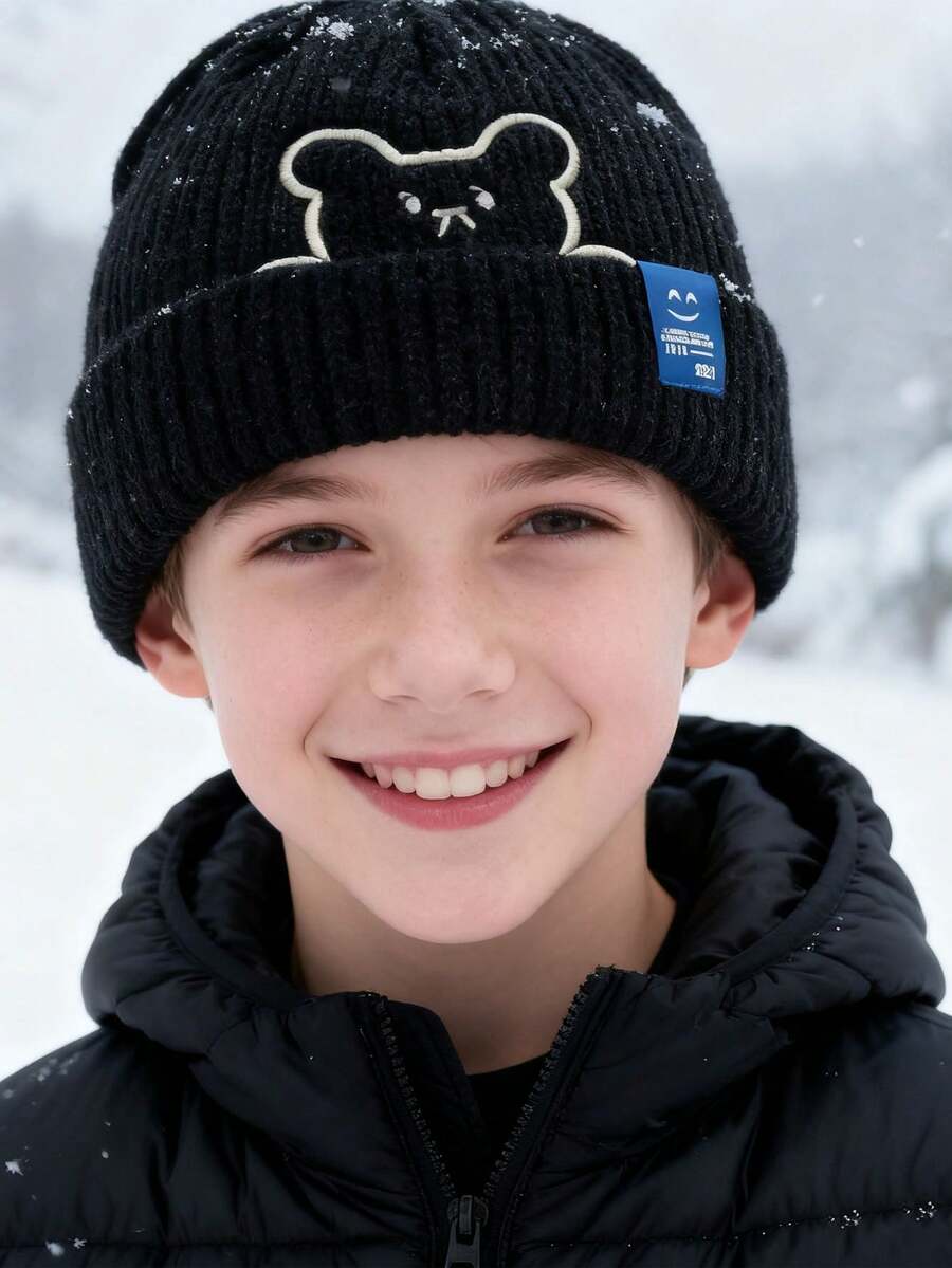 1pcPerfect For Winter, Cute And Versatile Bear Embroidered Woolen Hat, Fashionable And Warm Earmuffs, Knitted Hat With Cloth Label, Suitable For Boys And Girls To Wear In Autumn And Winter