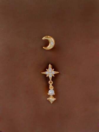 1pc 18k Gold Plated Cubic Zirconia Studded Star Moon Navel Ring, Jewelry For Women Party, Daily Wear, Beach Holiday