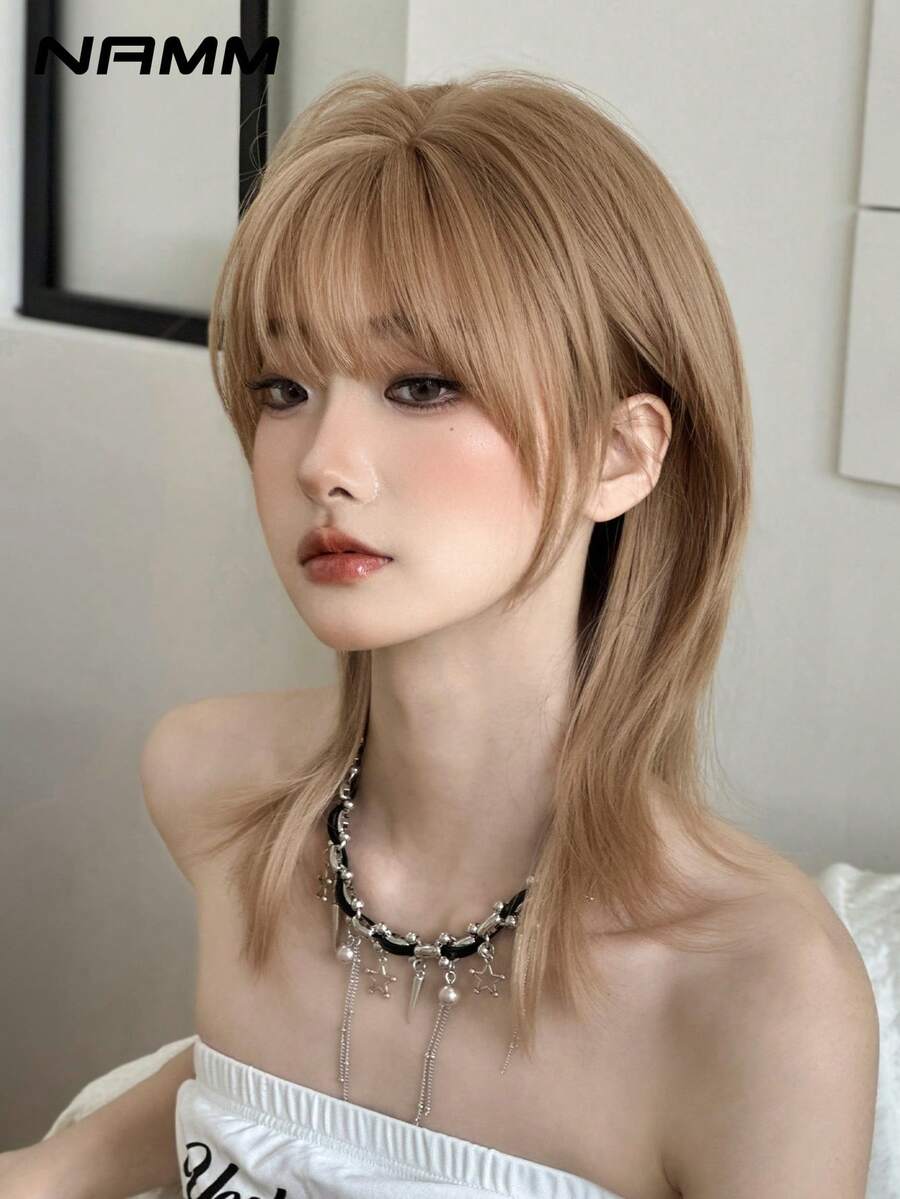 NAMM Tóc giả ngắn cắt kiểu sói màu nâu cao cấp 16 inch dành cho nữ, tóc sợi tổng hợp mềm mại, chịu nhiệt, trông tự nhiên, tóc giả xoăn đẹp dùng hàng ngày cho bé gái, tóc giả Halloween, trang phục dạo phố dự tiệc âm nhạc, cosplay anime hoặc hóa trang (Kết cấu nhiều lớp tự nhiên & nhẹ)