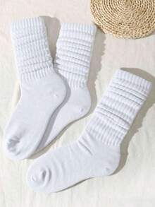 1 Pairs Of Women's Plain White Crew Socks  Plain    Fabric    Rib-Knit      Plain    Fabric    Rib-Knit - White - View 3