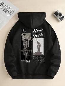 Hoodie hombre,sudadera para hombre,disfraz halloween hombre,Sudadera con Capucha de Mezcla de Algodón con Forro (Color Negro), Estampado Creativo de Nueva York (Diseño de Edificios Urbanos) en la Parte Posterior, Estilo Fashion, Transpirable, Cómoda y Calientita - Negro - Ver 1