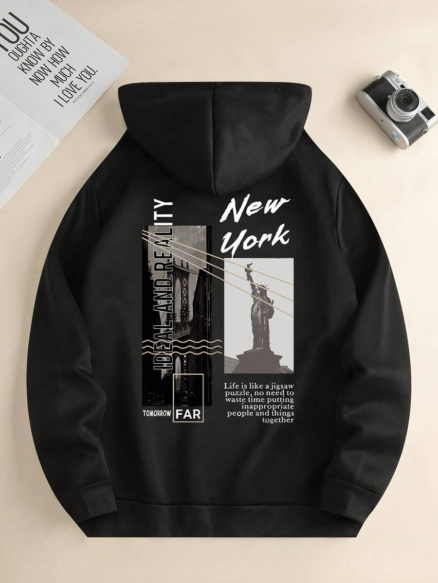 Hoodie hombre,sudadera para hombre,disfraz halloween hombre,Sudadera con Capucha de Mezcla de Algodón con Forro (Color Negro), Estampado Creativo de Nueva York (Diseño de Edificios Urbanos) en la Parte Posterior, Estilo Fashion, Transpirable, Cómoda y Calientita - Negro - Ver 1